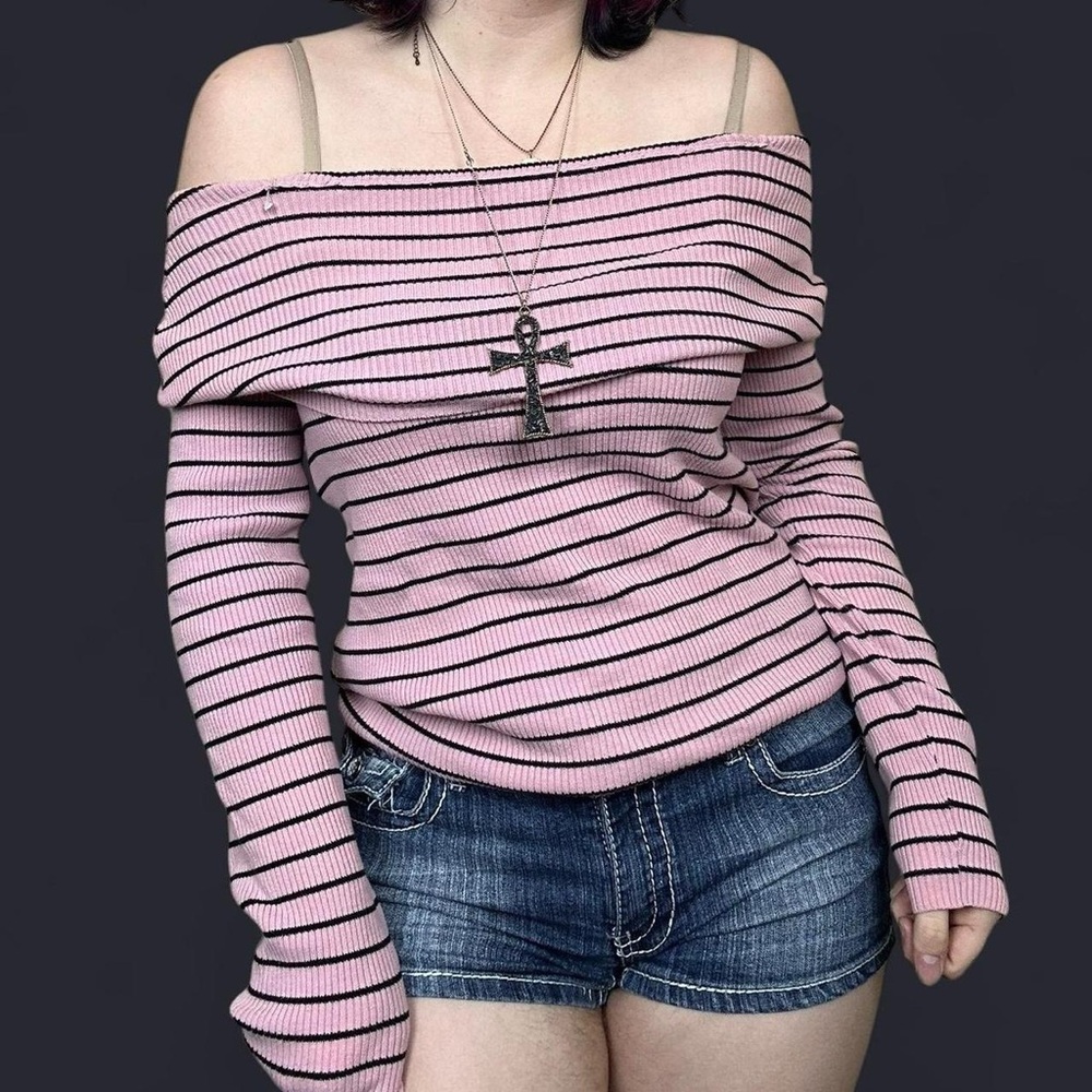 Pink Striped Off-Shoulder Sweater